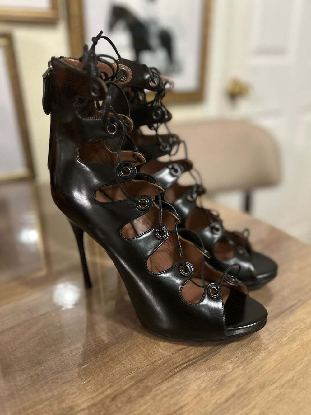 Alaia Lace-Up Stiletto Heel Booties Black Leather